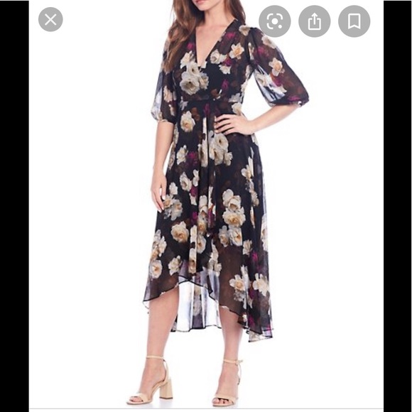 Calvin Klein Dresses & Skirts - Calvin Klein Black Floral V Neck Ruffle Dress